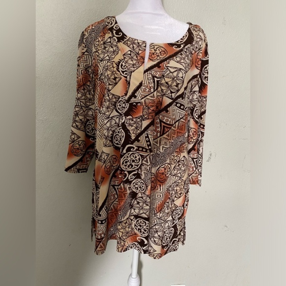 Susan Graver Geometric Print Brown and Orange Women's Top size XL